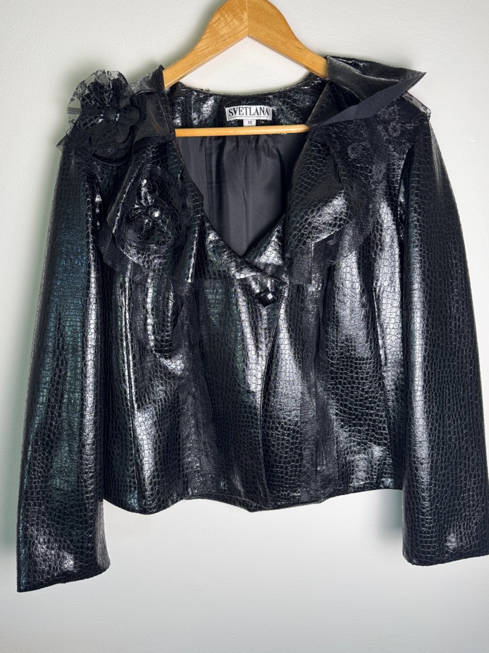 VTG Svetlana Black Croc Embossed Faux Leather Lace Trim Statement Jacket Size 14